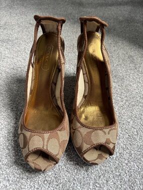 Coach Brown/Tan Signature Canvas Peep-Toe Heels
